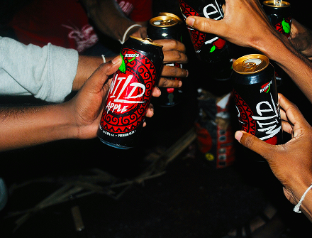 People cheering with beer cans